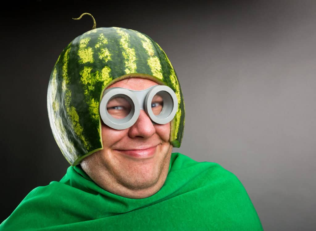 Funny,man,with,watermelon,helmet,and,googles,looks,like,a